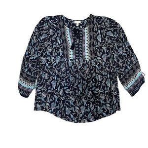 Garnet Hill size 8 navy blue print Boho Indie tunic top lightweight‎